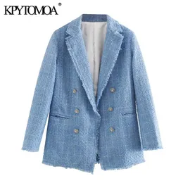 KPYTOMOA KVINNA FASHION OFFICE Wear Double Breasted Tweed Blazer Coat Vintage Långärmad Frayed Kvinna Ytterkläder Chic Toppar 211019