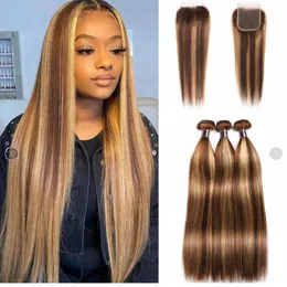 Brazilian Human Hair P4/27 Straight 3 Bundles With 4X4 Lace Closure Free Middle Part Two Tones Color Ombre Yirubeauty