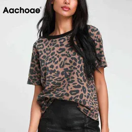 Aachoae sommar kvinnor leopard t shirt o nack mode kvinnlig t-shirt kort hylsa lösa hem damer tee topps mujer camisetas s-xl 220207