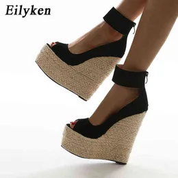 Sandaler eilyken mode stro weven dikke bodem wiggen sandalen vrouwen zomer öppen tonåring enkel wrap zwarte hoge hakken plattform schoenen maat 42 220310