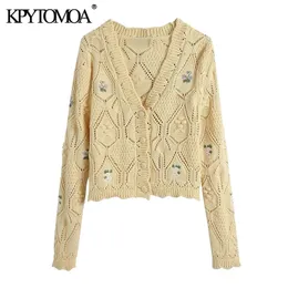 Kpytomoa女性のファッション花刺繍トリミングニットカーディガンセータービンテージ長袖女性のアウターシックトップス210812