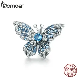 BAMOER 100% 925 Sterling Silver Crystal Blue Zircon Butterfly Beads fit Charm Bracciali Donna Collane Gioielli in argento BSC061 Q0531