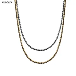 Andywen 925 Sterling Silver Gold Long Chain Full Zircon Chain Choker Halsband 2020 Rock Punk Crystal CZ Luxury Smycken Fine Rock Q0531