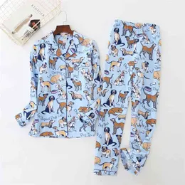 Kvinnor män pyjamas hund tryck borstat bomull pijama 2 stycken set långärmad elastisk midja byxor lounge nightwear pyjamas s80001 210901