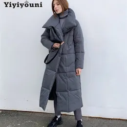 Yiyiyouni Oversized Tjock Long Parkas Kvinnor Solid Ärm Knapp Fickor Jacka Kvinna Casual Straight Winter Coat Lady 210923