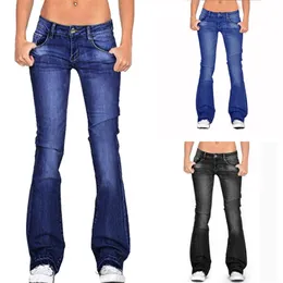 Плюс размер женщины вспышки джинсы весенние мода низкая талия тощий колокольчик нижняя женщина винтажная широкая нога джинсовые штаны уличные 210708