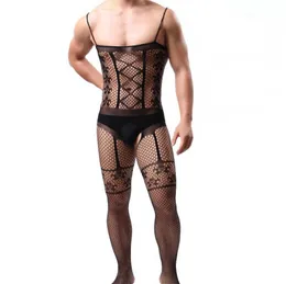 Exotiska underkläder män sexiga underkläder bodysuit porno slang intimerar heta sexiga kostymer strumpor svart elastiska nätunderkläder