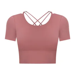 T-shirt feminino verão aberto Nael Lululem Women Yoga Tops com almofada de peito Bra oco de trás esportes de lazer ao ar livre 2023short