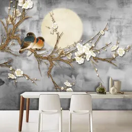 壁紙カスタム3D POレトロな中国風のスタイルの手描きの月の花鳥の壁の壁画寝室のリビングルームの装飾壁紙フレスコ