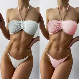 Kadın mayo düz renkli bikini seksi moda zinciri aksesuarları plaj yüzme bayanlar kayış 2 adet takım elbise mayo