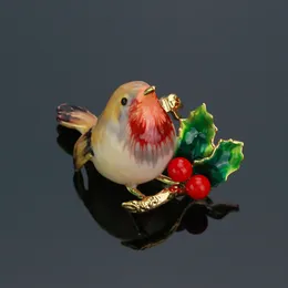 Romantic Cute Robin Brooch For Women Fashion Jewelry Party Accessories Enamel Girl Leaf Red Fruit Christmas Gift