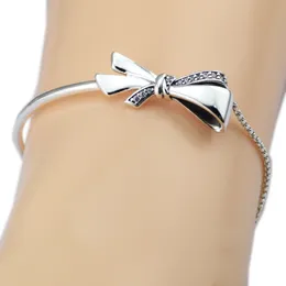 Brilliant Bow Charms Clear CZ Crystal Shine Bangles Fine 925 Sterling Silver Bracelets Kvinnor