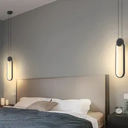 Lâmpada de pingente de anel preta minimalista com fio longo Dimmable LED teto pendurado luz para restaurante quarto de cabeceira decoração lâmpada
