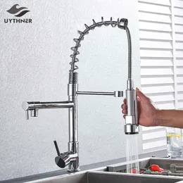 Chrome Primavera Faucet De Cozinha Pull Out Side Pulverizador Dual Spout Misturador Misturador Misturador Torneira Faucet 360 Rotação Torneiras de Cozinha 210724