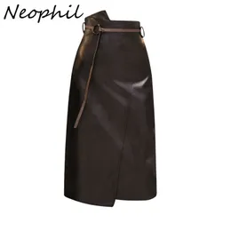 Neophil Winter Latex PU Faux Leather Black Midi Spódnice Pas Wysokiej Talia Asymetryczne Vintage Bodycon Wrap Ołówek Spódnica S9727 211120