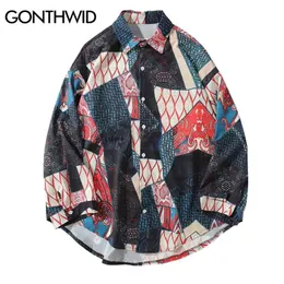 Gonthwid Japoński Ukiyo E Geometria Patchwork Z Długim Rękawem Koszule Hip Hop Casual Streetwear Mężczyźni Kobiety Moda Topy 210809