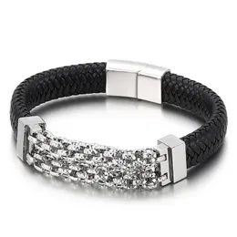 Link, Chain Men Jewelry 215mm Wave Stainless Steel Multi Geometry Link Braided Black Leather Bracelet 12mm Wide