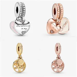 Fit Pandora Bracciale con ciondoli Argento europeo Charms Perline Cristallo Doppio cuore Albero genealogico Madre Amore Ciondola Catena serpente fai da te Per le donne Collana con pendenti