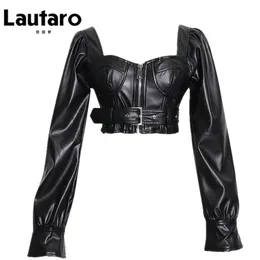 Lautaro Y2K Black Faux Leather Crop Top Women Square Neck Długi Rękaw Zipper Cropped Jacket Plus Size Sexy Backless Fashion 211007