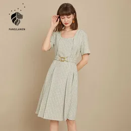 FANSILANEN Short sleeve pleated plaid dress Women vintage belt slim summer Female elegant green office midi vestidos 210607