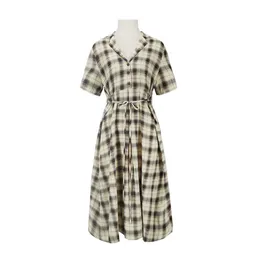 PERHAPS U Plaid Midi Dress Khaki Notch Collar Short Sleeve Button Summer D1116 210529