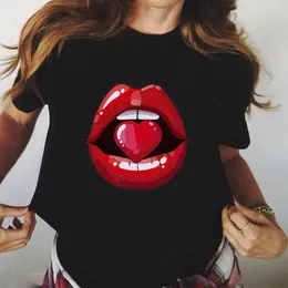 Women Red Mouth Tops Lip Kiss Printed Girl Black Summer Funny Leopard Graphic Tee Shirt Femme T Drop Ship