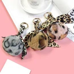 14 cm Leopard Print Heart Pendant Keychain Fluffy Faux Rabbit Fur Ball Women Handbag Pendants Car Key Ring Jewelry