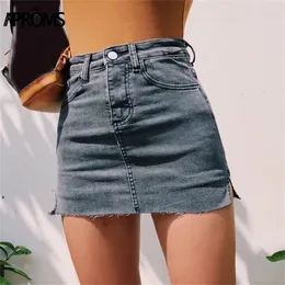 Aproms svart blå denim shorts kjolar för kvinnor sexig hög midja sida split bodycon streetwear mode smala bottnar 210714
