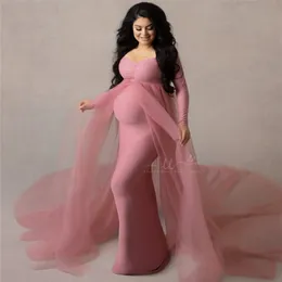 Sommar moderskap tulle långa klänningar baby shower bomull stretchy graviditet Poggraphy med cape train 210922