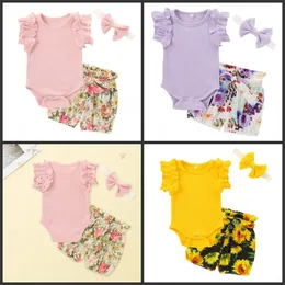 Baby Floral Outfits Infant 3 Colors Girls Solid Baby Romper Toddler Flower Printed Elastic Pants With Headband 3-18M 060721 187 Y2