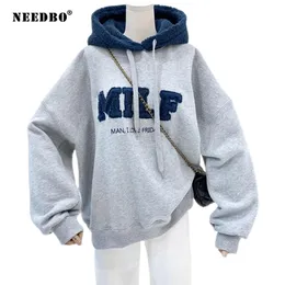Needbo Milf Hoodies sweatshirts Letter Print Lamb Wool Pullover Loose Korean Style Jacket Full Sleeve Casual Tops 210825