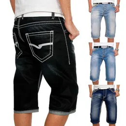 Män jeans shorts sommar casual rakt denim shorts streetwear manlig löst knä längd lösa jean byxor svart blå ficka 210622