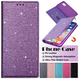 PU skórzane skrzynki telefoniczne dla Samsung Galaxy S22 S21 S20 Note20 Ultra Note10 Plus - Ultra cienki brokat magnetyczny portfel Flip Kick -Stand Case z szczelinami kart