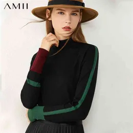 AMII Minimalizm Sonbahar kadın Kazak Moda Kontrast Renk Tasarım Balıkçı Yaka Kadın Kazak Kadın Tops 12030375 210812