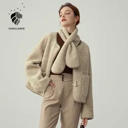 Fansilanen casual chifre botão curto 100% lã casaco mulheres lenço de camurça enorme jaqueta feminina cashmere vintage inverno sobretudo 210607
