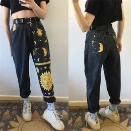 Digital moon stjärna tryckta raka byxor trendiga jeans mode damer hög midja unga tjejer chic denim 210825