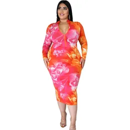 Fritidsklänningar Höst Kvinnor Lång Klänning Dragkedja V-halsväska Höfter Hög midja Sexiga kontorsklänningar Dam Plus Size Bodycon Grossist Drop