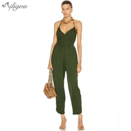 Free Summer Women's Army Green Sexy Sleeveless Halter V-neck Pleated Celebrity Party Jumpsuit 210525