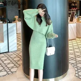 Матакава двух частей набор женщин мода твердые сексуальные y2k с длинным рукавом короткий свитер + спагетти ремешок тонкий талии элегантное платье поток 211109