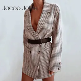 Jocoo Jolee Элегантное плед Blazer Платье Зима Осень Женщины Длинные Рукава Негабаритная Куртка Офис Леди Bodycon Повседневная Уличная Одежда 210619