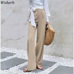 Woherb Modis Summer Wide Leg Calças Mulheres Elásticas Cintura Alta Palazzo Streetwear Escritório Elegante Senhoras Calças 22507 210915
