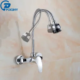 Poiqihy Chrome Väggmonterad Kök Kran Singelhandtag Dual Function Head Bathroom Kitchen Sink Tap Kallvattenblandare 210724