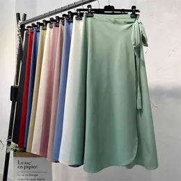 Croysier sommar kjolar kvinnor hög midja sida slips strand casual wrap kvinnor solid elegant midi kvinna kläder 210629