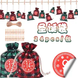 24 pcs / set Christmas Advent Calendar Countdown Jute Doces Saco Drawstring Bundle Bundle Pocket DIY Xmas Calendrier Presente