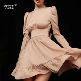 Apricot Lace Up Bowknot Dress For Women Stand Collar Puff Long Sleeve High Waist Backless Sexy Mini Dresses Female 210531