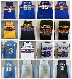 Vintage 1991-92 Basketbol Formaları Erkek 55 Dikembe Mutombo 3 Allen Iverson 15 Carmelo Anthony Kar Dağ Açık Mavi Siyah Dikişli Jersey S-XXL