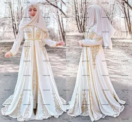Muslim Long Sleeves Evening Dresses with Gold Embroidery High Neck Sweep Train Satin Moroccan Caftan Formal Prom Gowns Sukienki