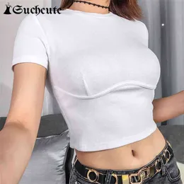 SUCHCUTE Female T-Shirt Crop Top White Shirt Strap Poleras Mujer De Moda Summer Polera Blanca Casual Korean Style Women 210720