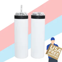 US Warehouse 20oz Sublimation Straight Skinny Tumbler med mellanmål Lidämnen Dubbelvägg Rostfritt stål Bilkoppar Reser Muggar Isolerade Vattenflaskor DIY WHOLSALE