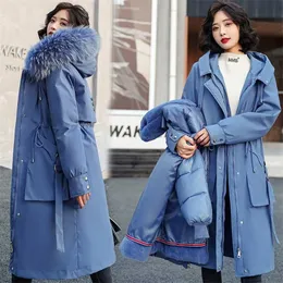 毛皮の襟の長いフード付きパーカー冬のジャケットの女性大きなポケットの調節可能な腰コットンライナーコート211013を着用する3つの方法